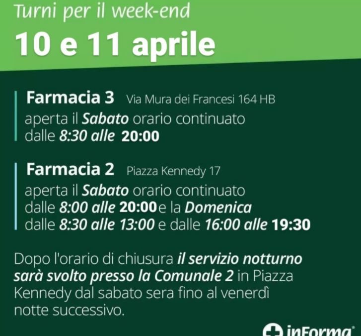 ORARI APERTURA FARMACIE COMUNALI PER IL WEEK-END DEL 10 E 11 APRILE 2021