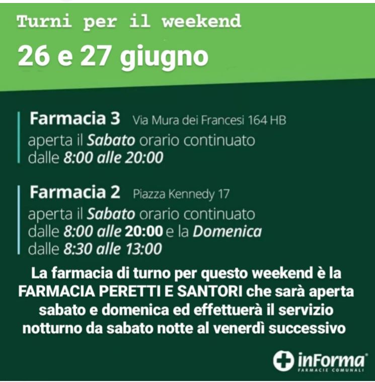 ORARIO APERTURA FARMACIE 2627 GIUGNO 2021 ASP S.p.a. Azienda