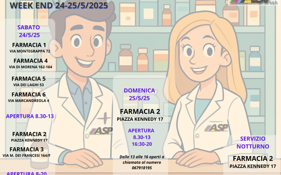 FARMACIE DI TURNO WEEK-END 24-25 MAGGIO 2025