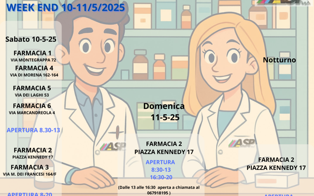 FARMACIE DI TURNO WEEK END 10-11 MAGGIO 2025
