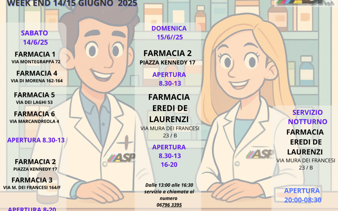 FARMACIE DI TURNO NEL WEEK- END DI SABATO 14 E DOMENICA 15 GIUGNO 2025