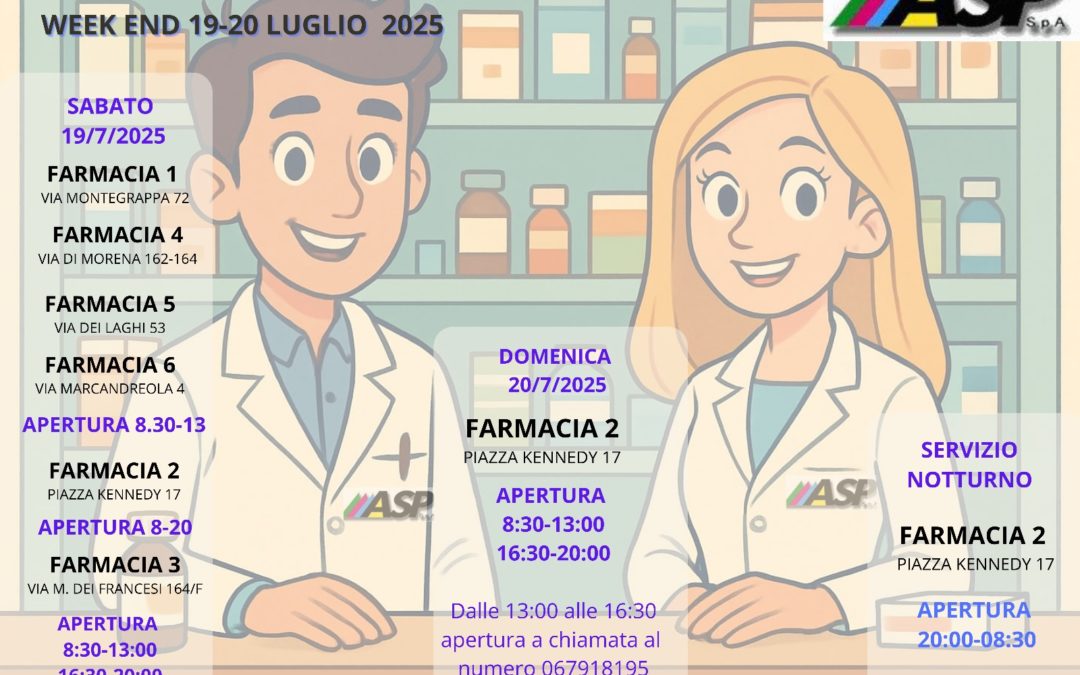 FARMACIE DI TURNO SABATO 19 E DOMENICA 20 LUGLIO 2025