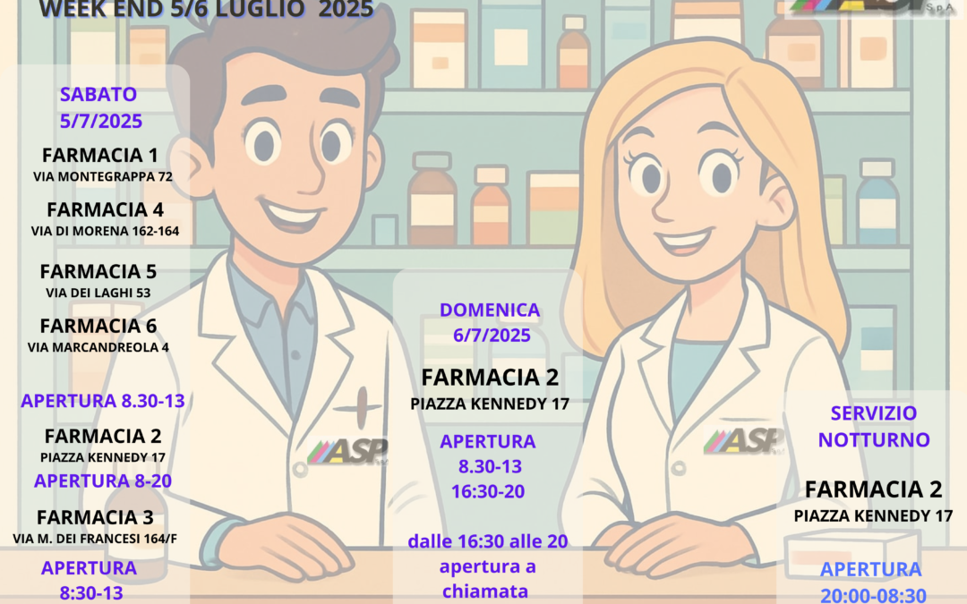 FARMACIE DI TURNO SABATO 5 E DOMENICA 6 LUGLIO 2025