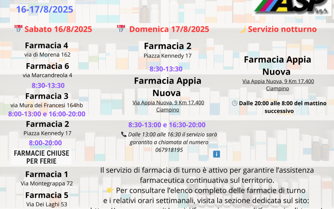 oraio farmacie di turno week end 16 e 17 Agosto 2025