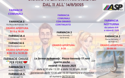 calendario delle Farmacie Comunali aperte nel periodo da lunedì 📅 11 a venerdì 📅 15 agosto 2025.