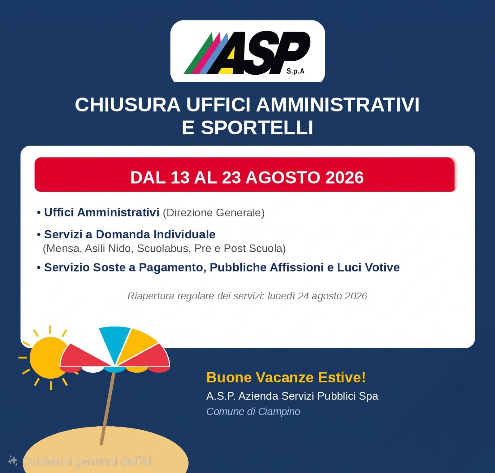 Slide 1 - Chiusura Uffici dal 13 al 23 Agosto 2026