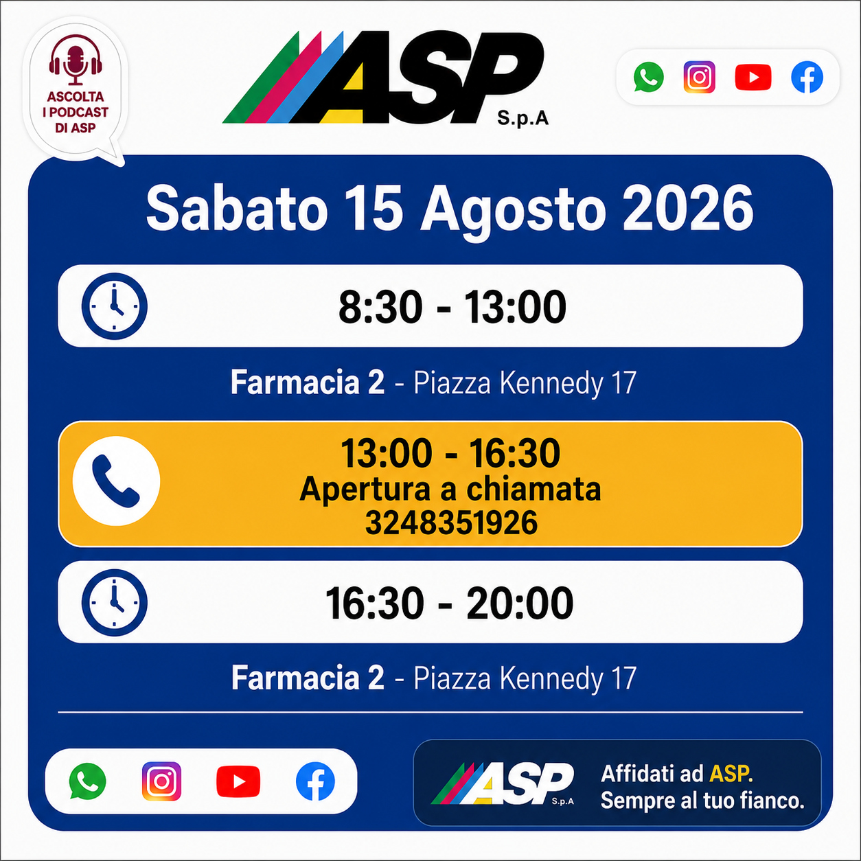 Orari della Farmacia Comunale 2 per sabato 15 agosto