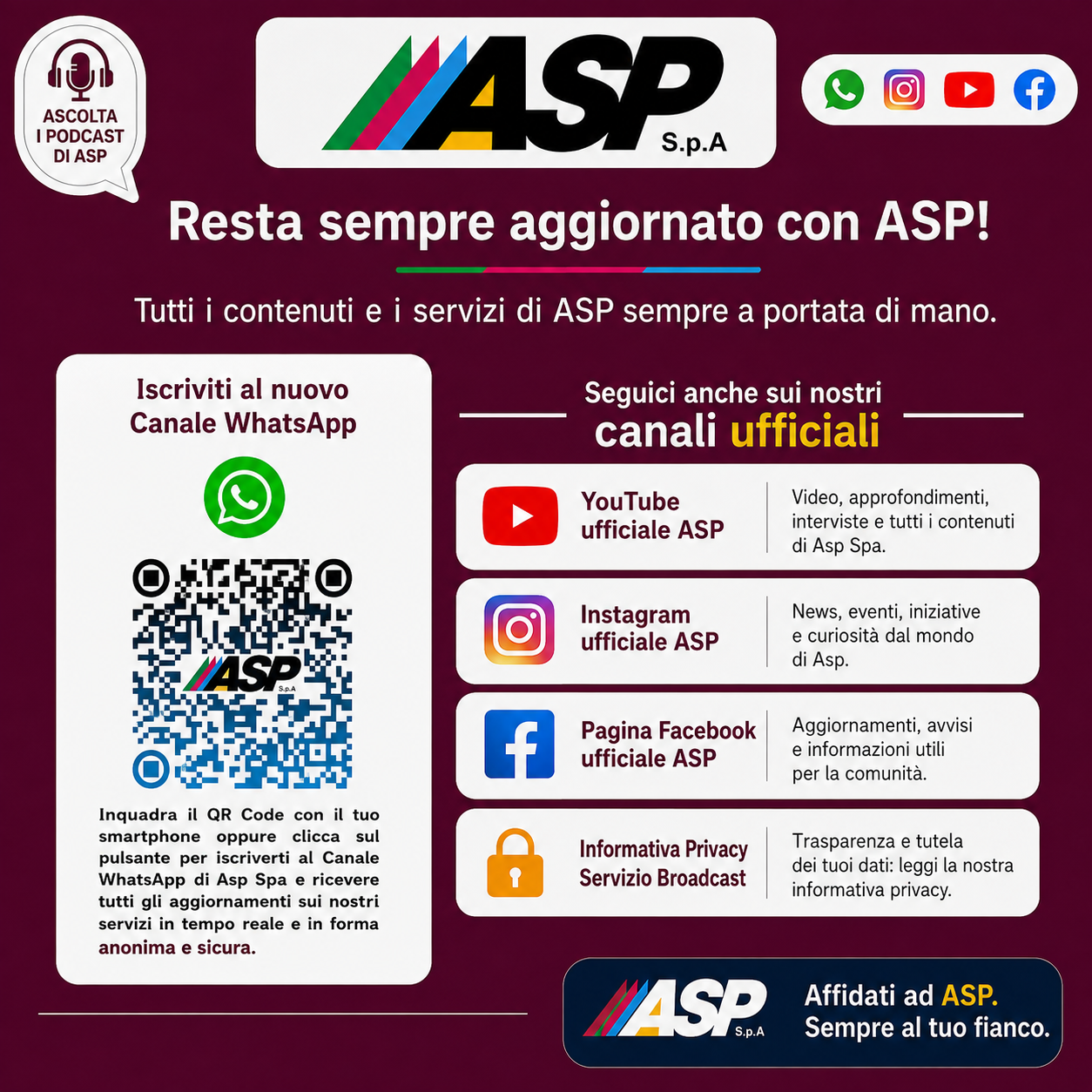 Canali ufficiali ASP e canale WhatsApp